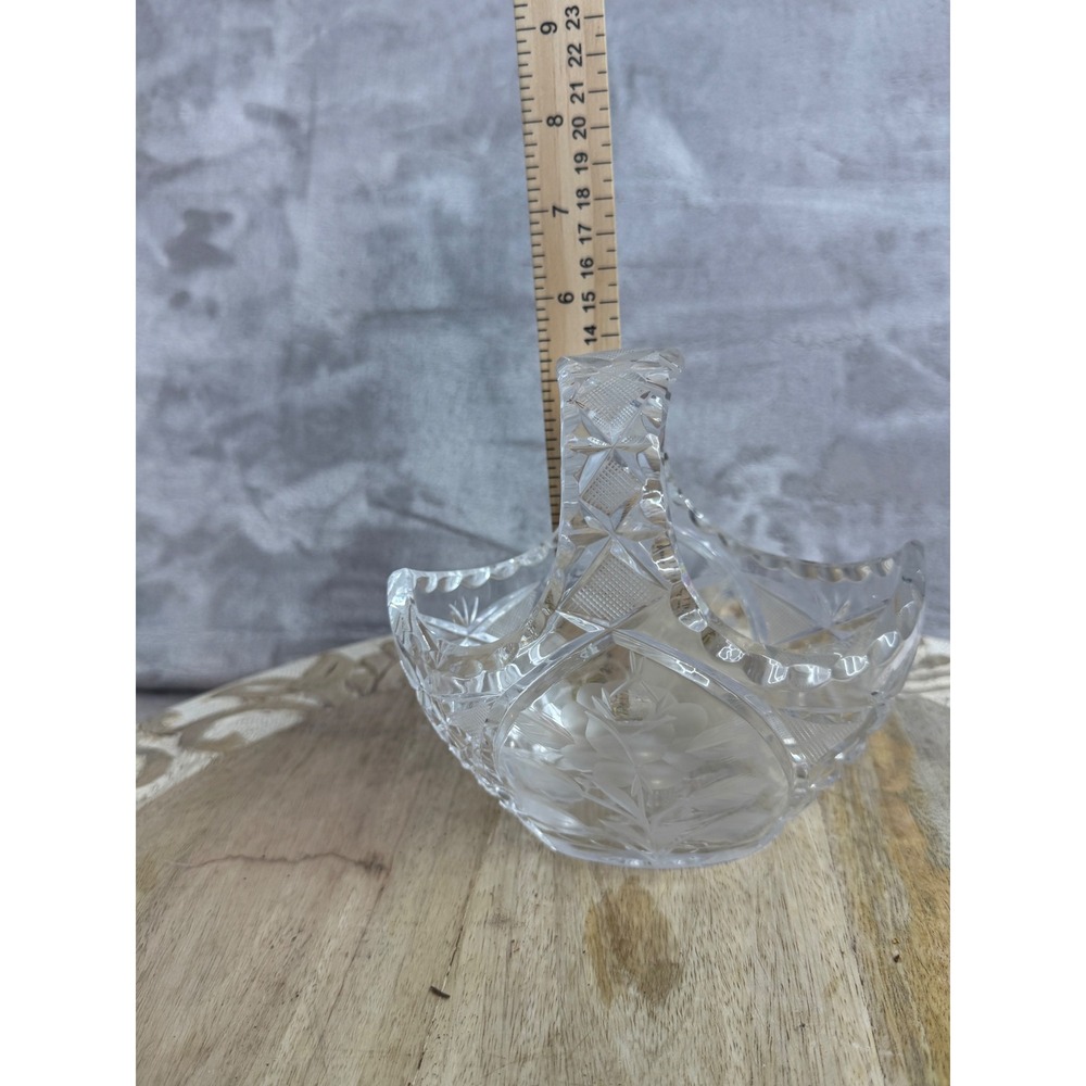 Vintage Cut Crystal Basket Frosted Rose Etched Clear Glass Floral Decor 5.5in